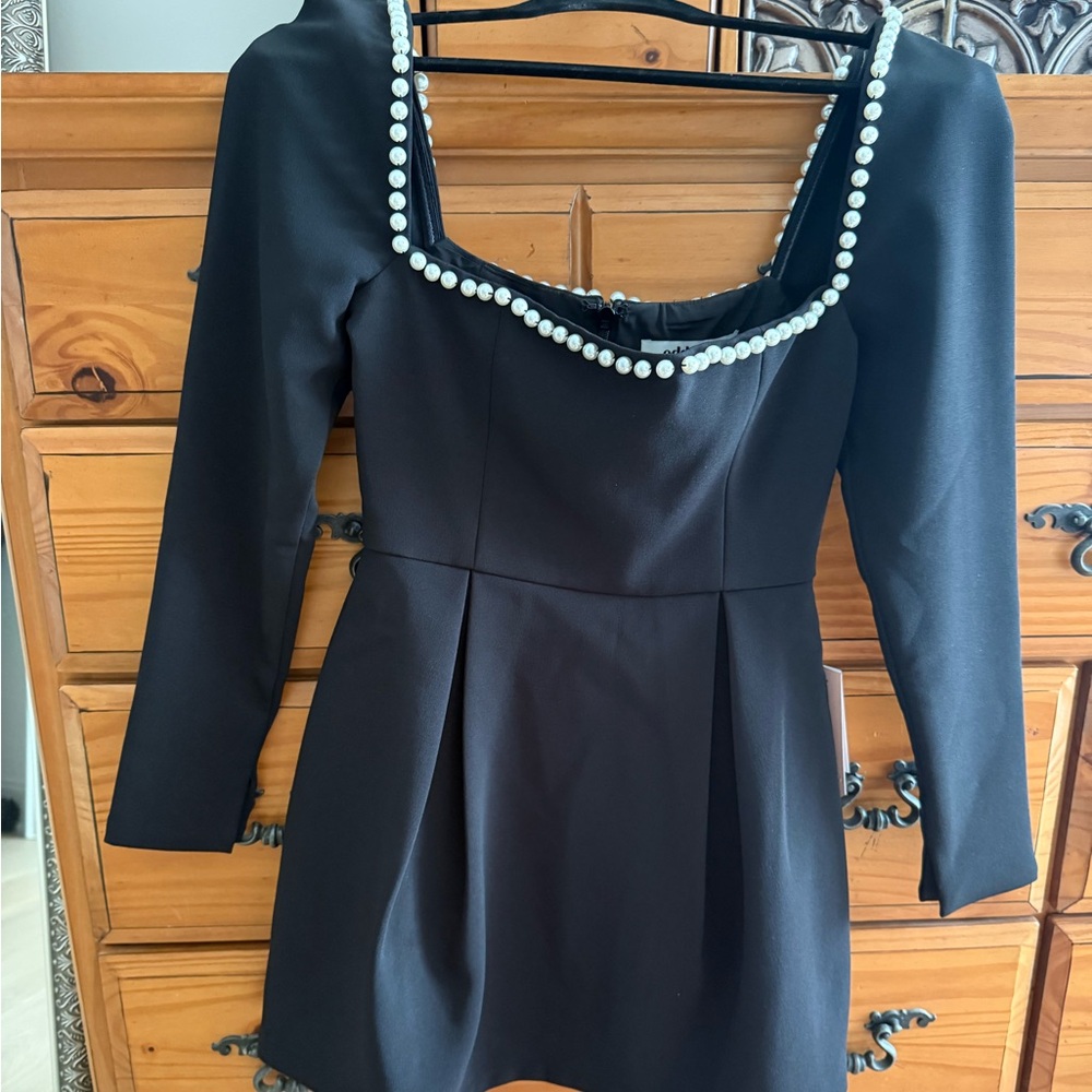 Muse Black Long Sleeve Dress with Pearl Trim